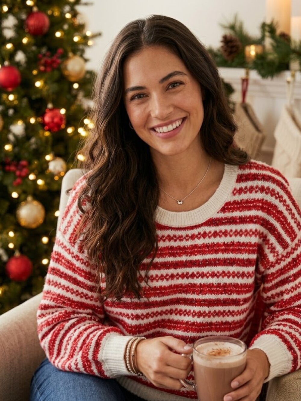 LOFT Fair Isles Red White Striped Scoop Neck Knit Sweater 3825